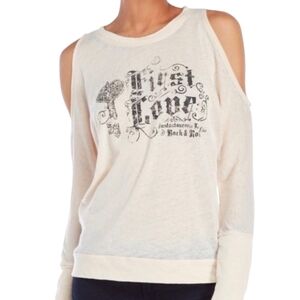 William Rast "Whitney" Cold Shoulder Graphic Lightweight Sweatshirt, XL, Oatmeal
